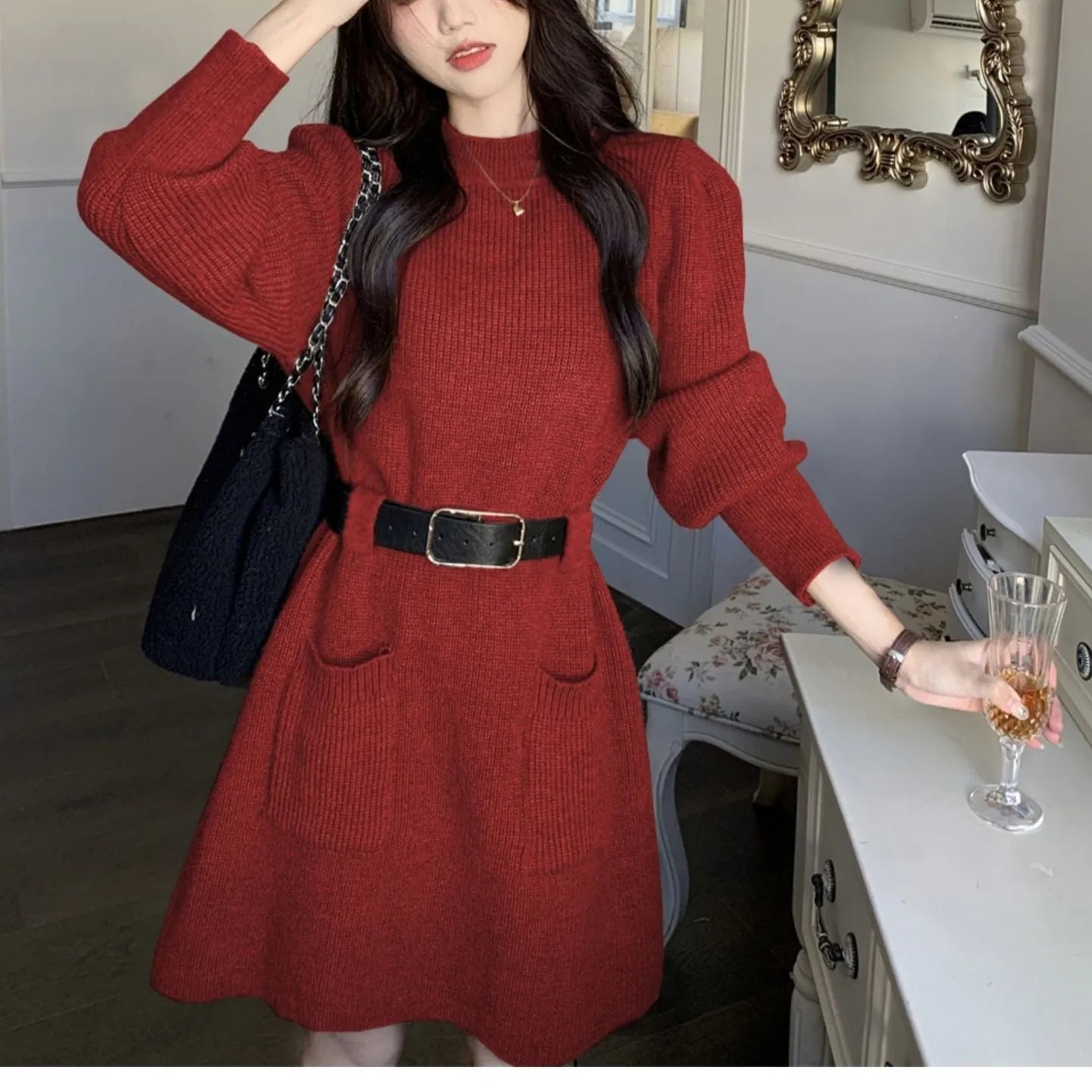 Women's long sleeve loose knitted dress with high waist and black belt in various colours