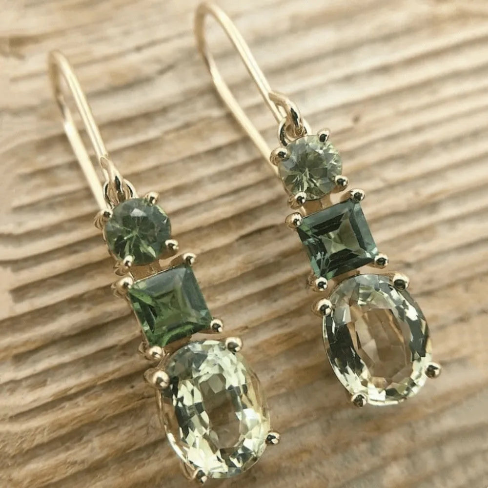 Green geometric copper earrings with quadrilateral design in retro Bohemian style