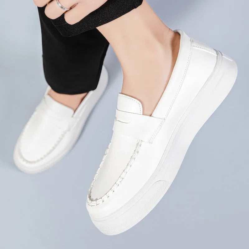 British style casual leather shoes in artificial PU with round toe design in white, black and white, or khaki