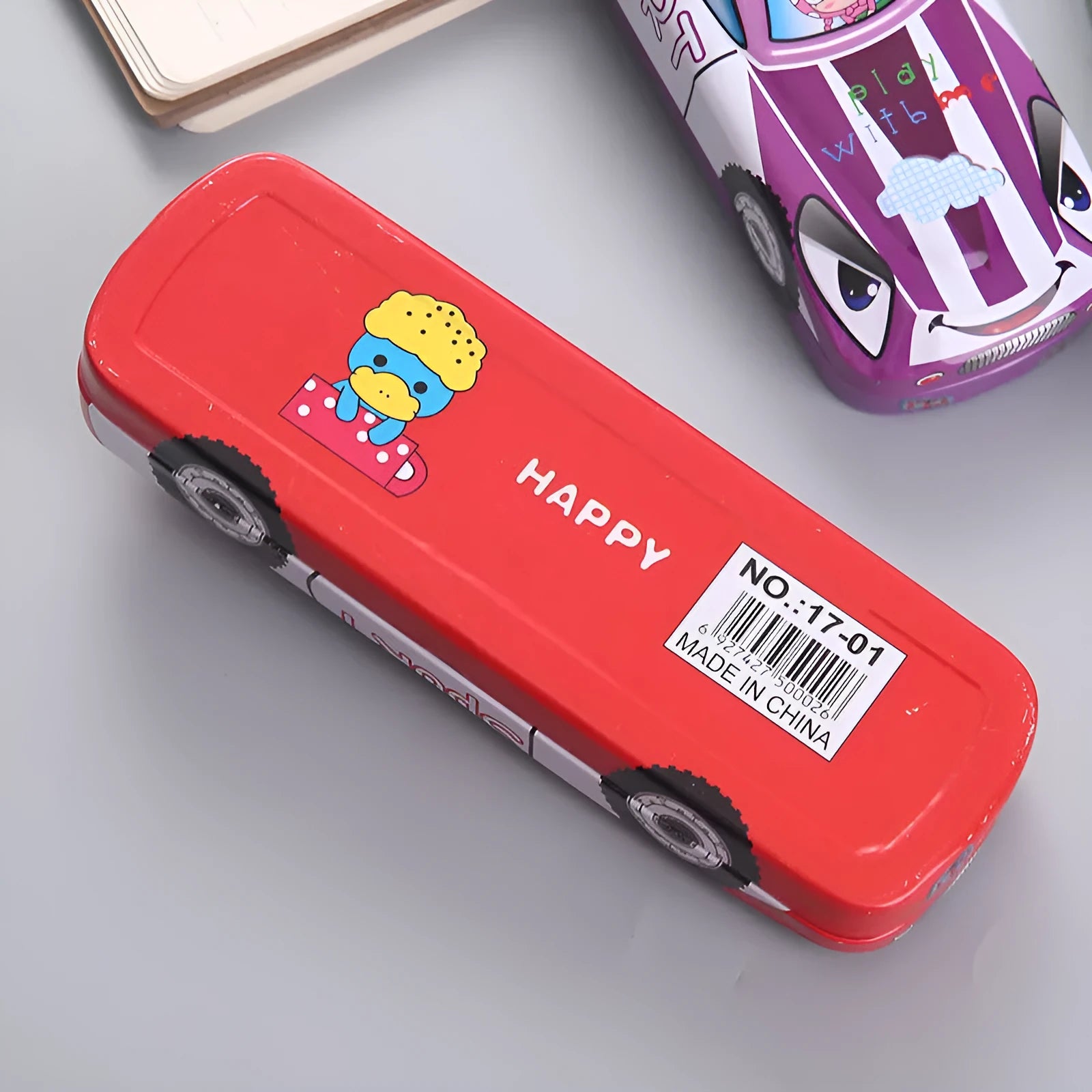Tinplate car trolley double-layer stationery box with cartoon pattern measuring 20cm