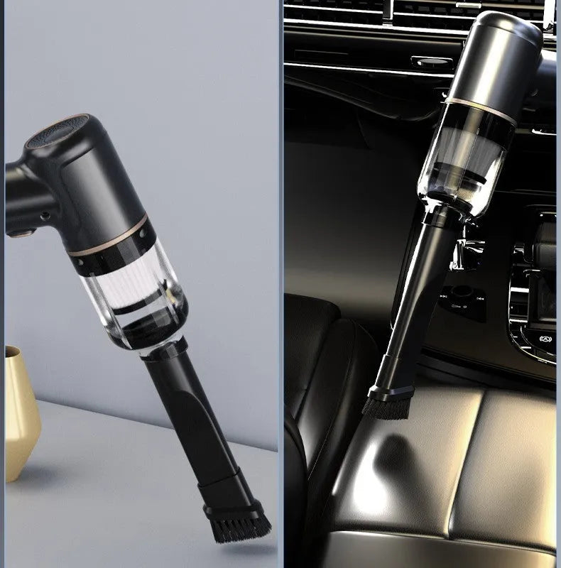Black wireless vehicular small vacuum cleaner with attachments for car and home cleaning