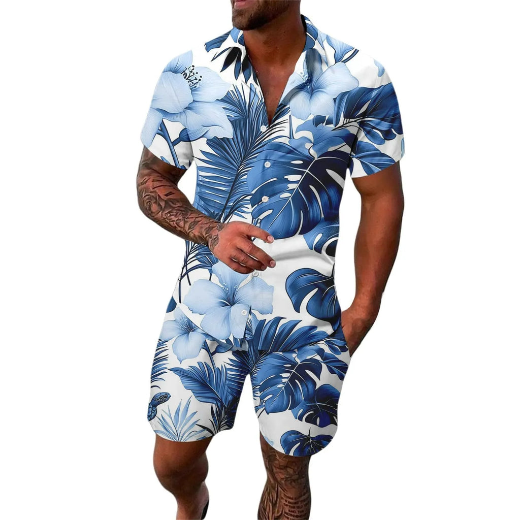 Men's digital print casual short sleeve suit with matching trousers in multiple colour options
