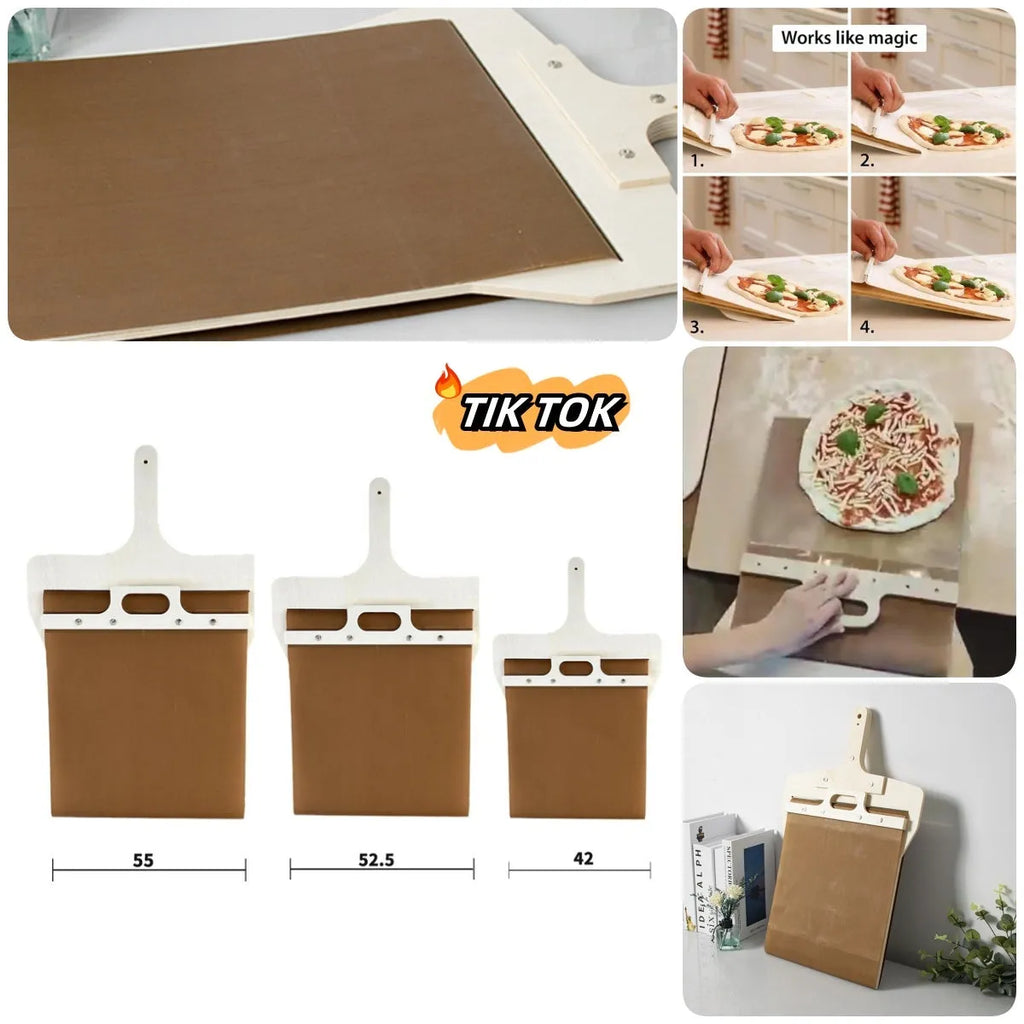 Wooden pizza peel board in natural log colour with hanging hole, shown in three size options