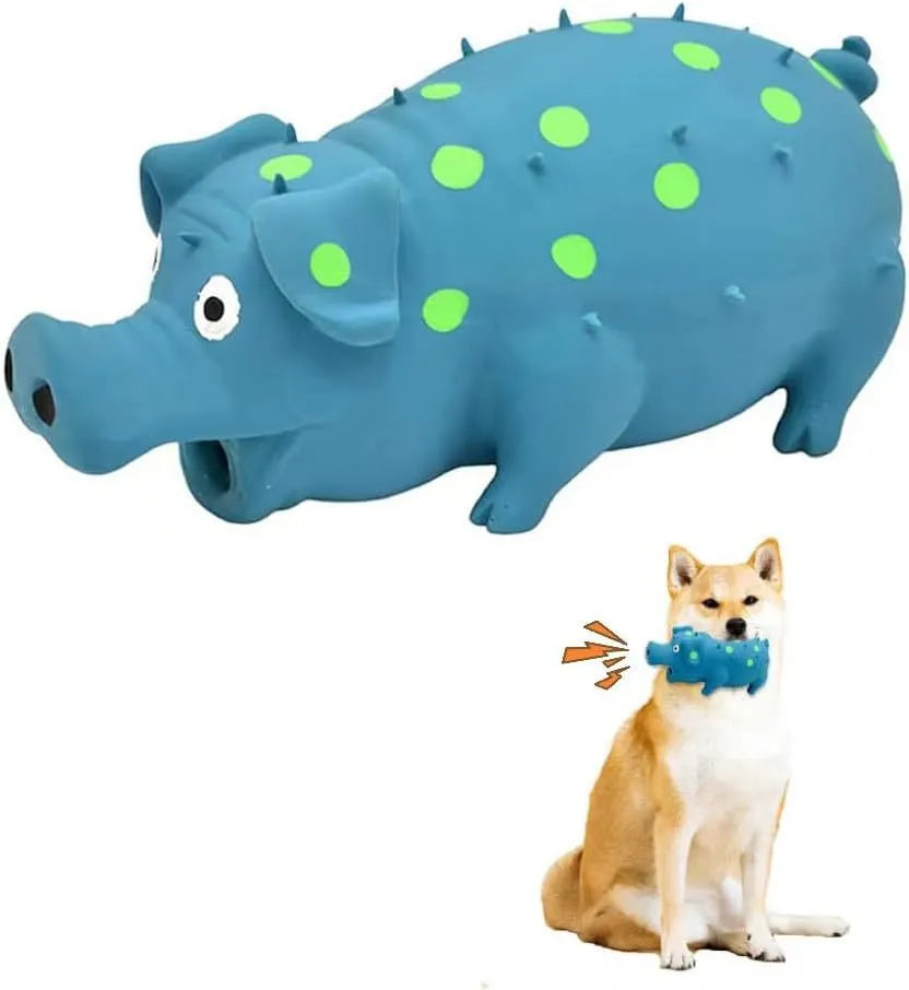 Latex pig-shaped dog chew toy in blue, green, orange, pink, purple, or yellow, with vocal system and teeth-grinding texture