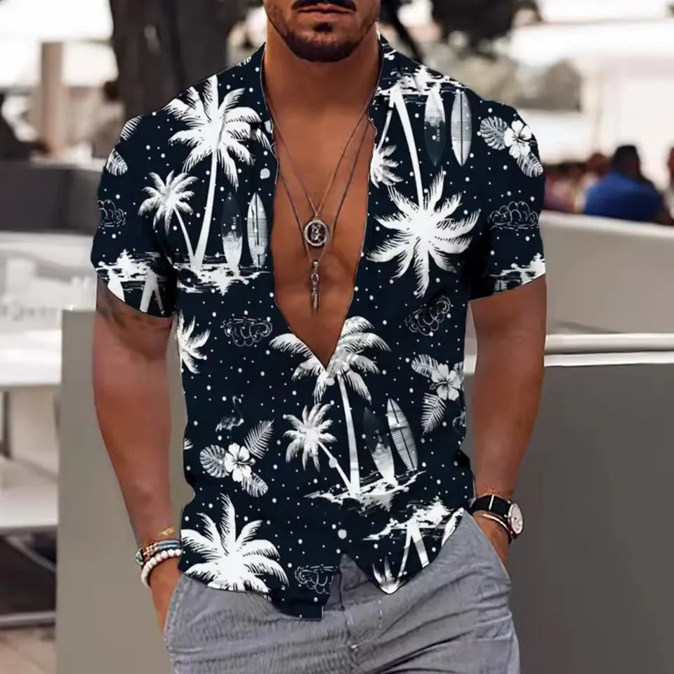 Men's loose fit short sleeve shirt with a colourful floral print, laid flat.