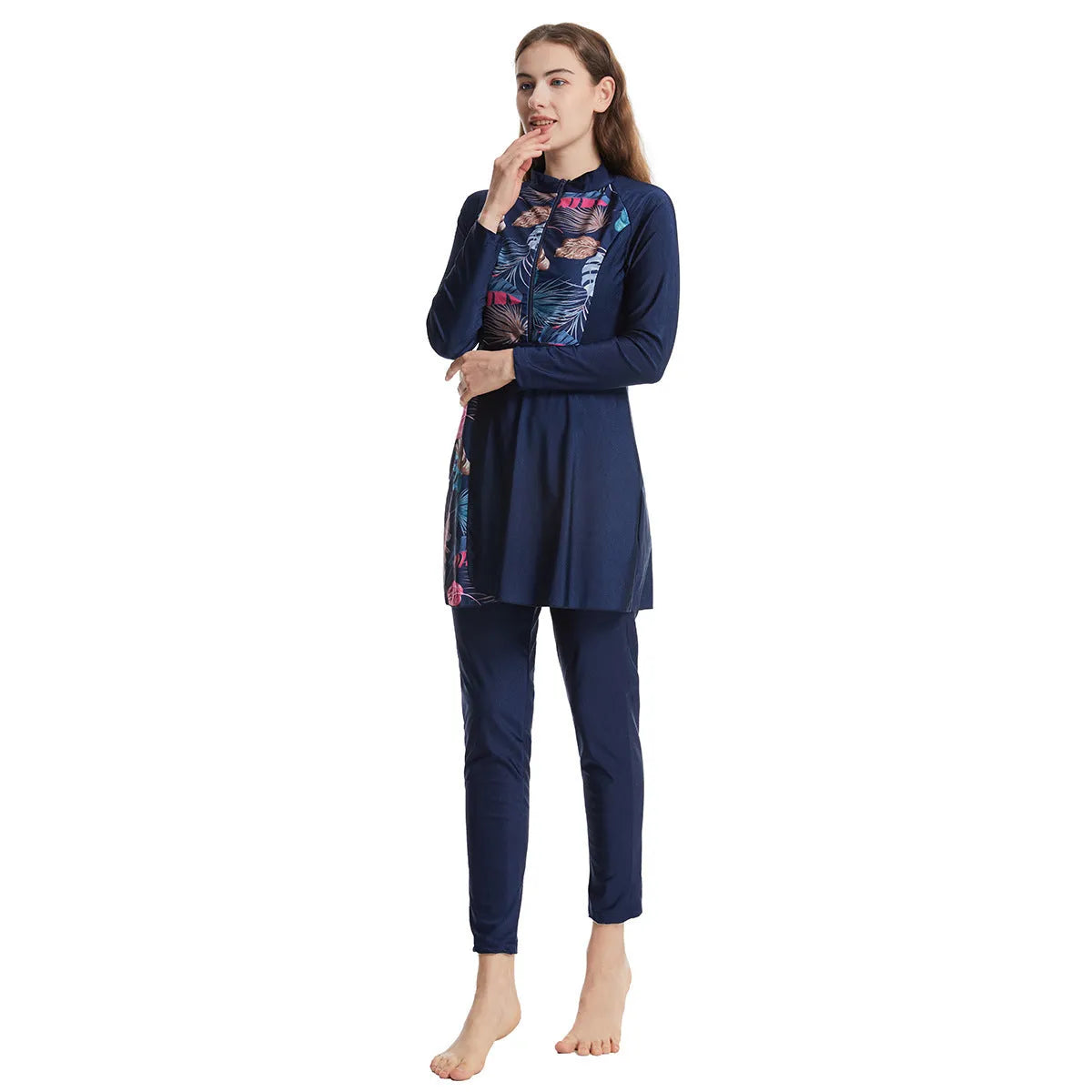 Women's three-piece conservative swimwear set in nylon with swimming cap, top and pants, black dark blue or grey, S to XXXL.