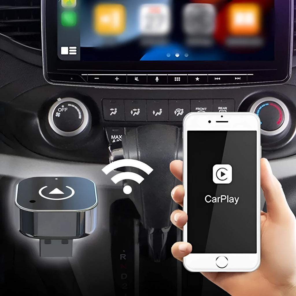Black CarPlay wireless adapter box with USB connection for converting wired CarPlay systems