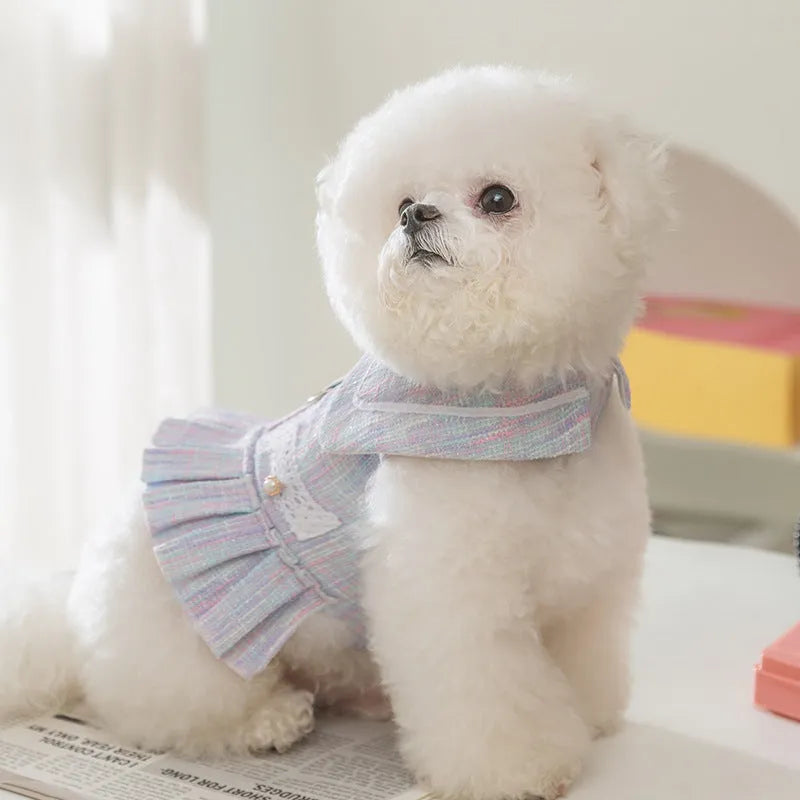 Small dog or cat clothing in pink or purple with ruffled sleeves, showing four size options for pets 1.5kg to 7.5kg