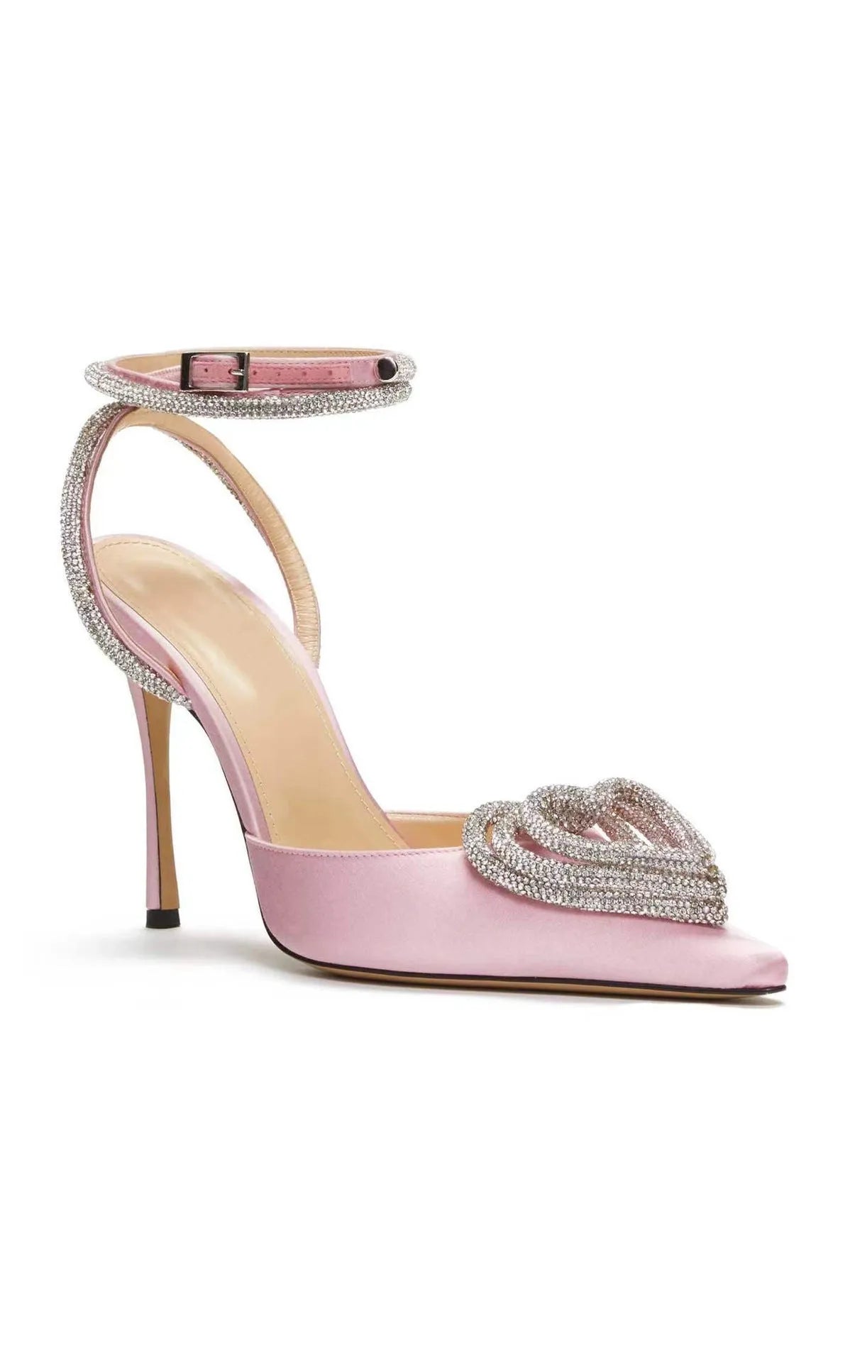 Women's pink satin sandals with pointed toe, heart-shaped rhinestones, and 9.5cm heel on a rubber sole.