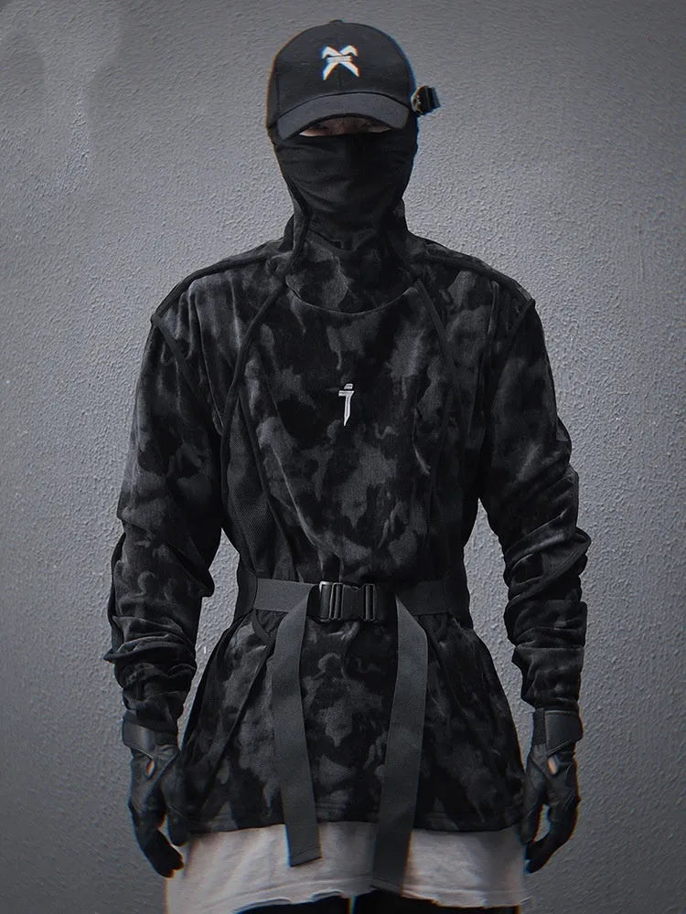 Men's black tie-dye printed finger turtleneck sweater with drop-shoulder sleeves, loose casual fit