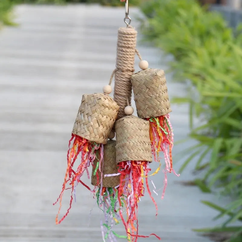 Colourful shredded paper bird toy with wood and sisal materials for parrots