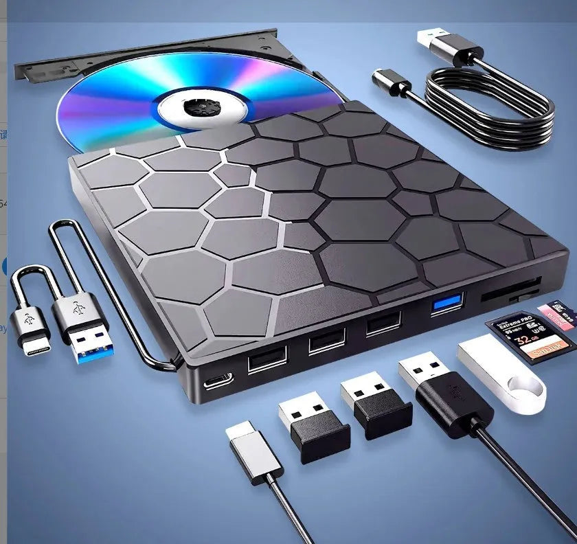 Black USB external CD drive with CD burner measuring 15.5cm by 14.5cm