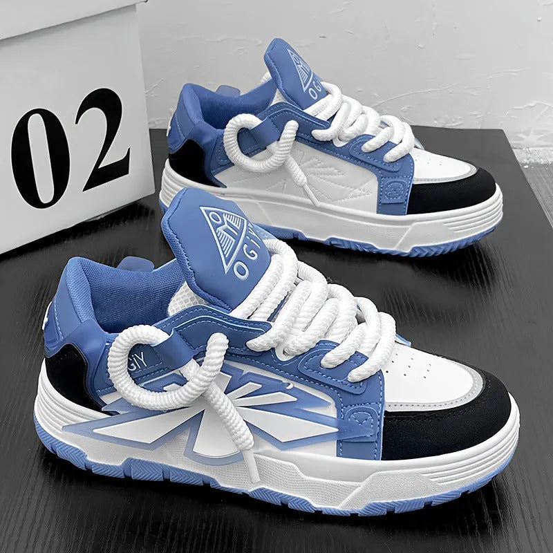 Men's white Harajuku clunky sneakers with cartoon totem patterns, 3-5cm heel, and rubber sole for casual wear