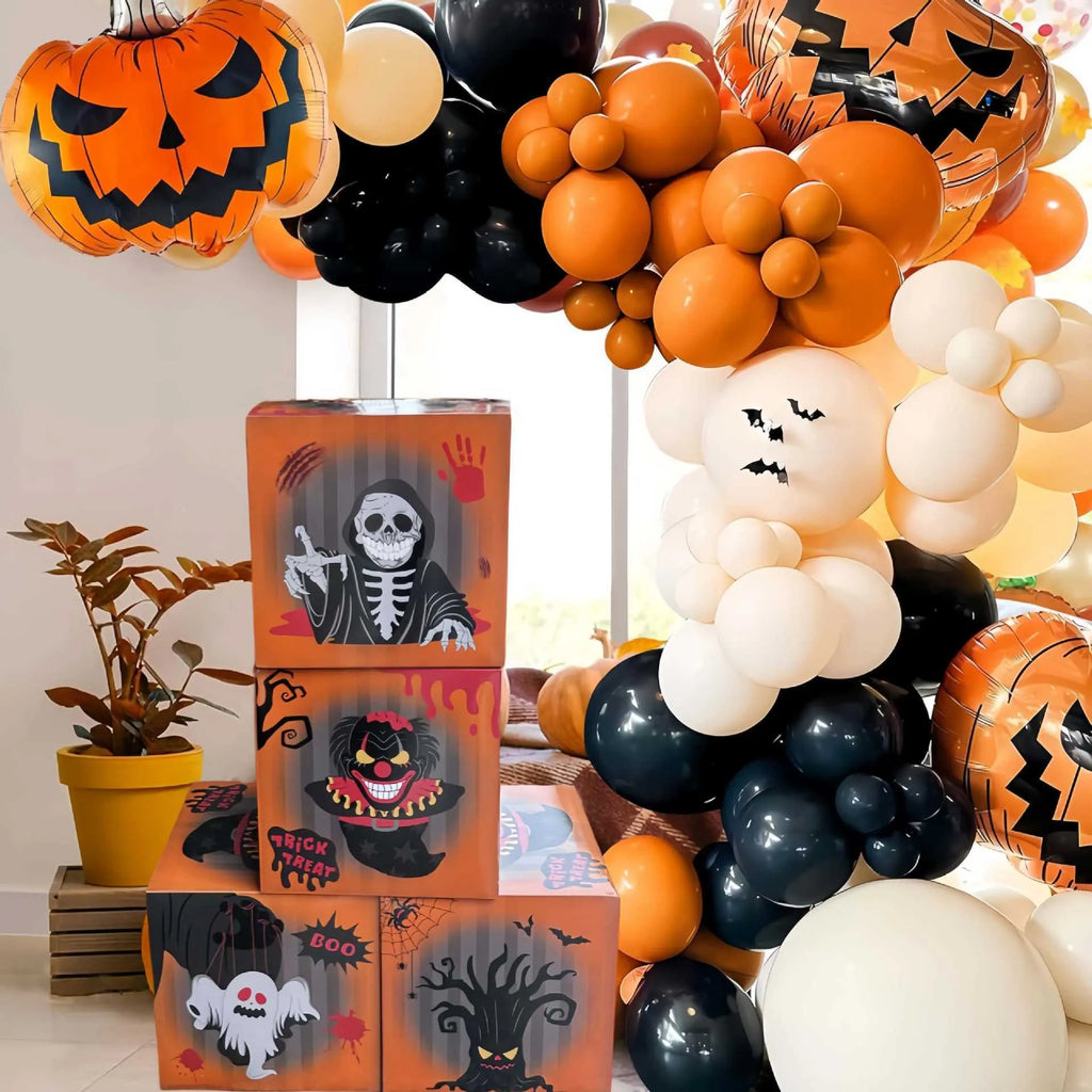 Four orange aluminium foil ghost balloons with blood wine bottle designs for Halloween decoration