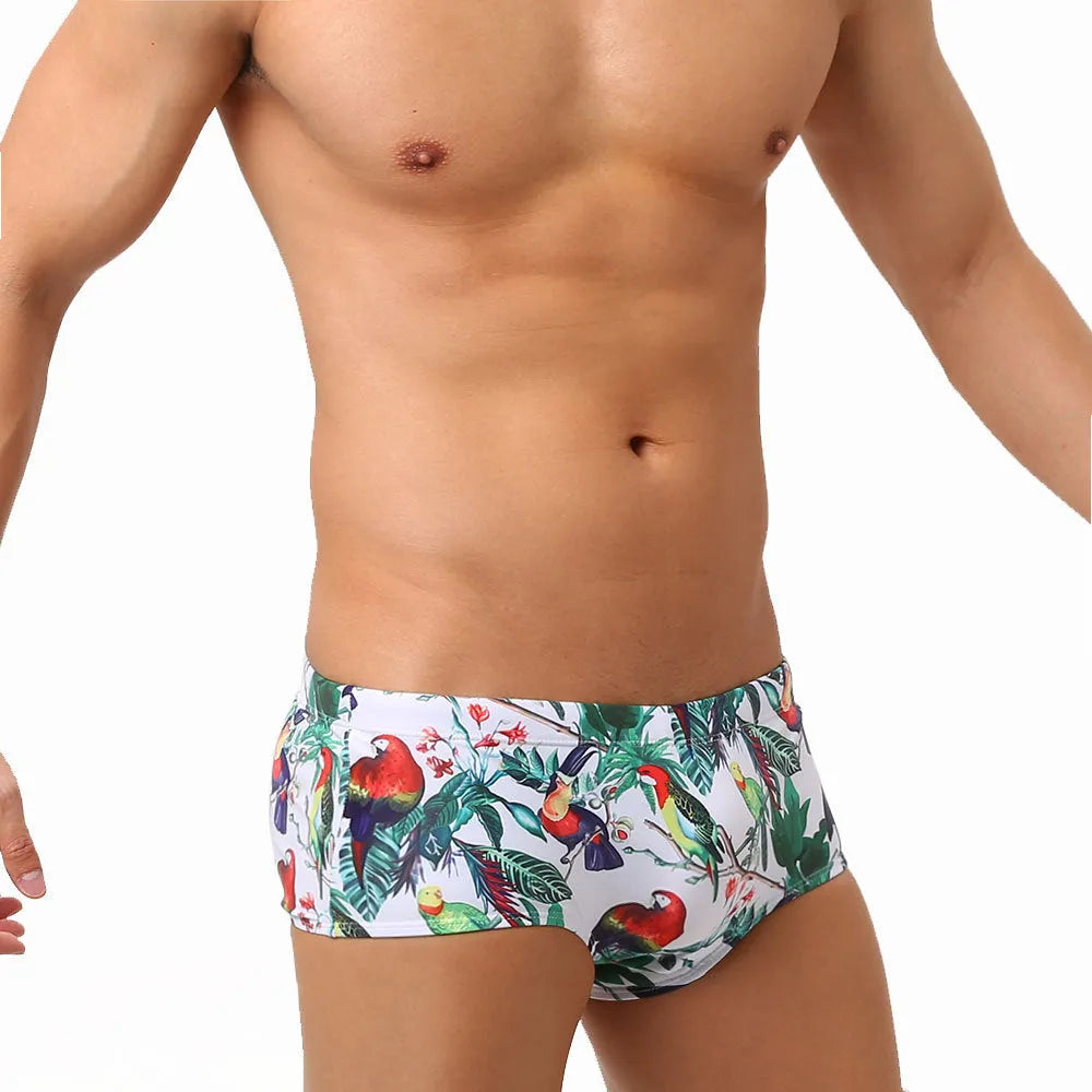 Men's swimming trunks with flower-bird print pattern in nylon small boxer style