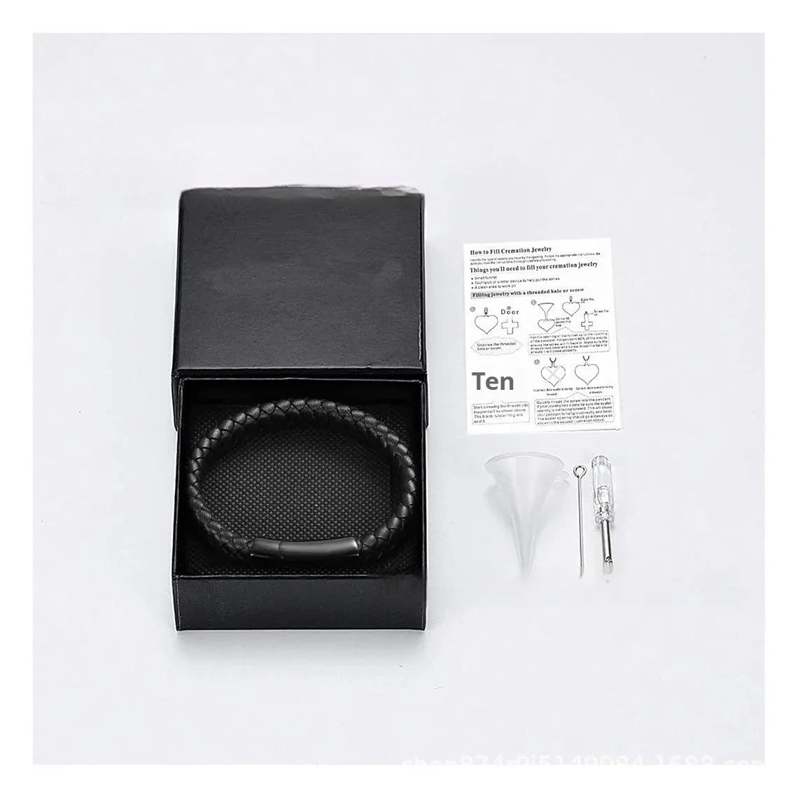 Black woven stainless steel and leather cinerary casket bracelet with engraved text.