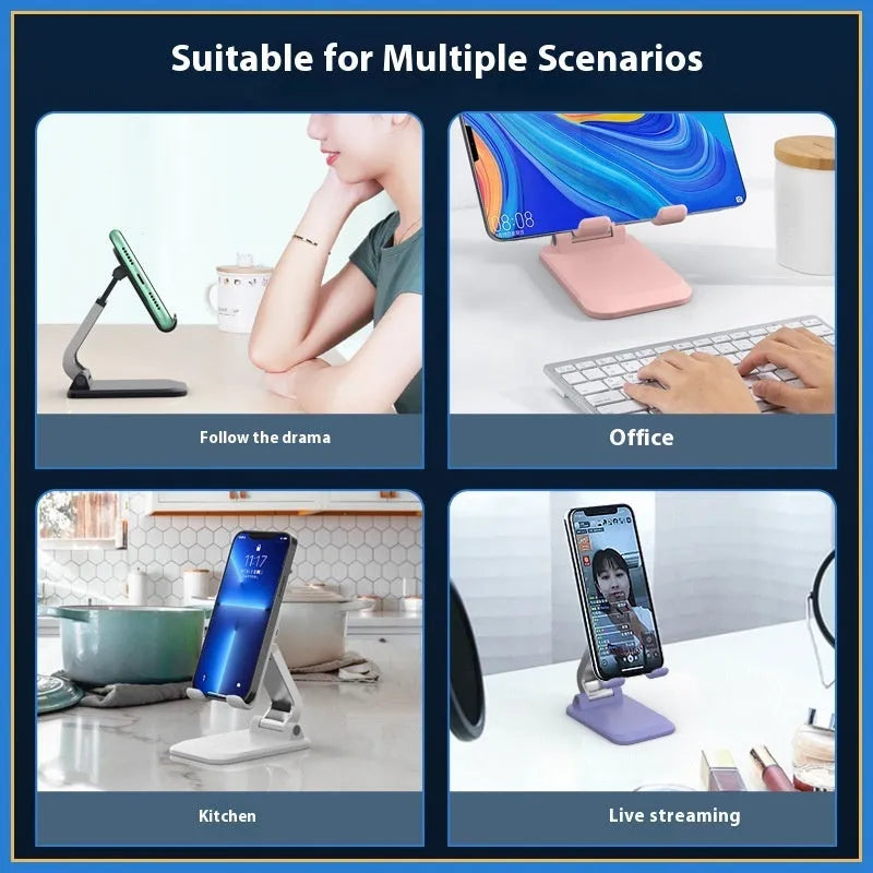 Folding portable mobile phone desktop stand in four colour options showing ABS and aluminum construction