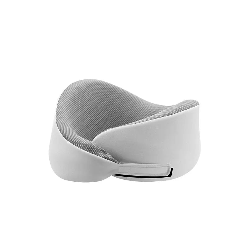 Memory foam U-shaped travel neck pillow in light grey, dark grey or light pink colour with storage packaging