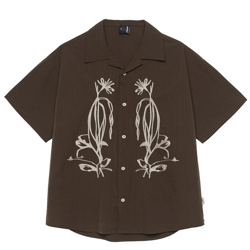 Brown coffee-coloured striped Cuban collar shirt with waterproof polyester fabric for outdoor camping