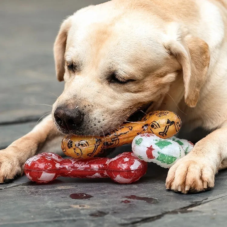 Printed bone-shaped dog chew toy with squeaker in TPR material