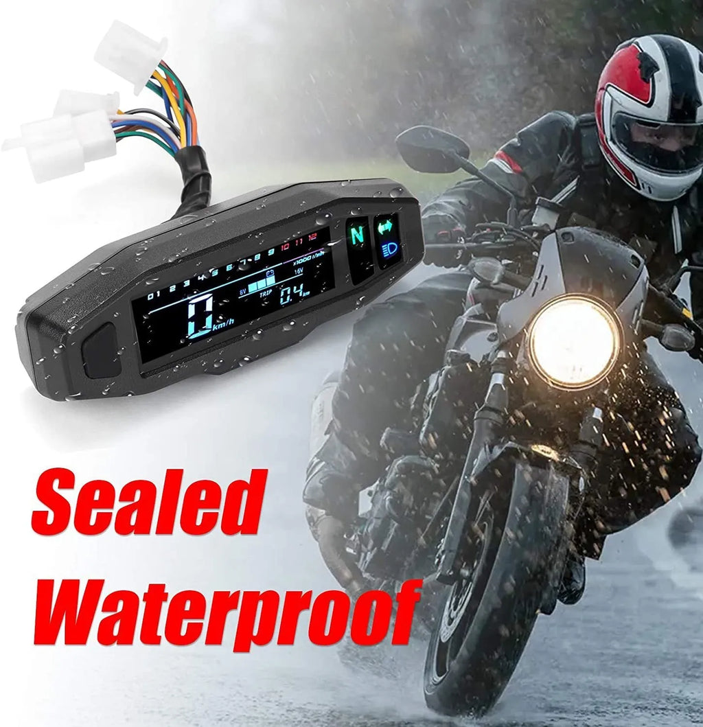 Black motorcycle mini speedometer with LCD display, adjustable oil gauge, and dimensions 141x45mm