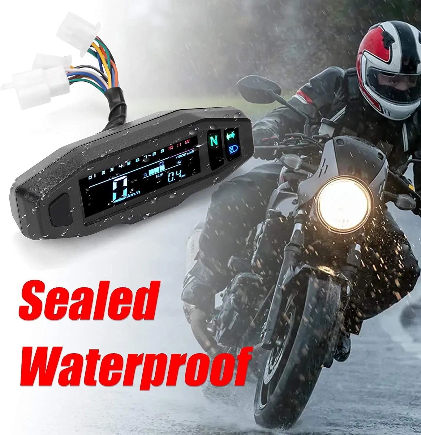Black motorcycle mini speedometer with LCD display, adjustable oil gauge, and dimensions 141x45mm