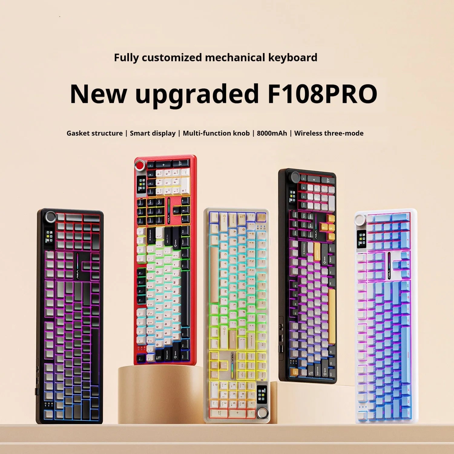 Tarantula F108pro wireless mechanical keyboard with 108 keys, USB-C cable, and spare switch on desk