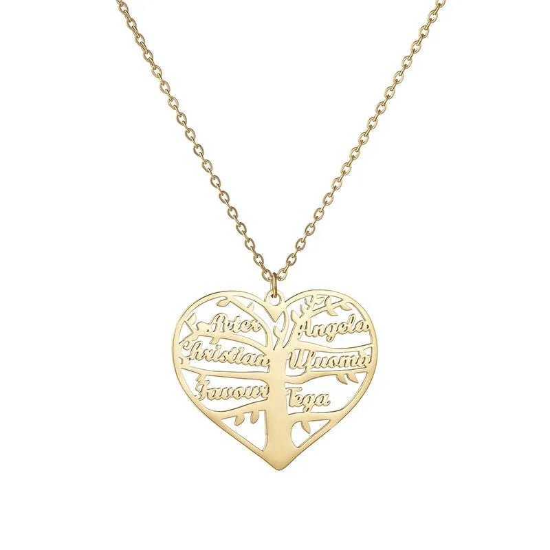 Personalised stainless steel necklace with hollow heart and tree pendant engraved with names, shown in silver finish.
