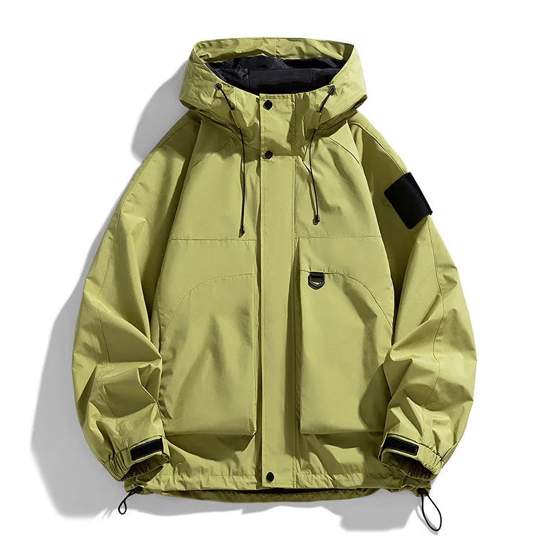 Men's hooded windproof waterproof jacket in black, ginger yellow, or purple, with regular length and long sleeves