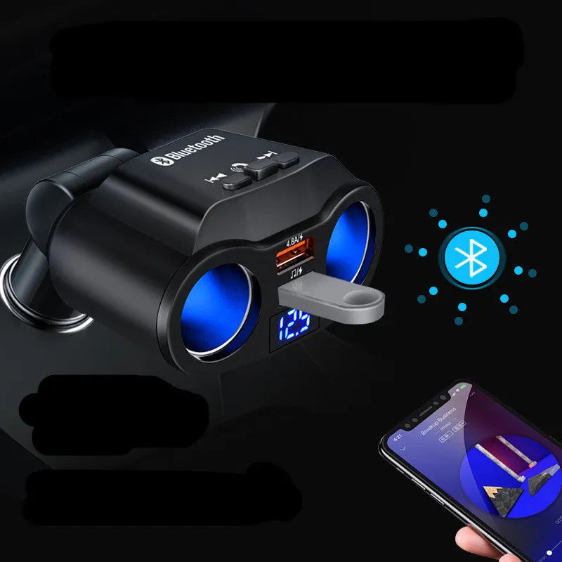 Black car Bluetooth receiver with MP3 player plugged into vehicle cigarette lighter socket