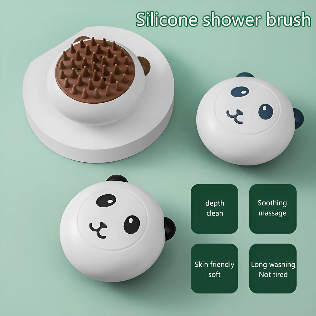 Panda-shaped silicone pet shower brush with soft bristles for cats and dogs.