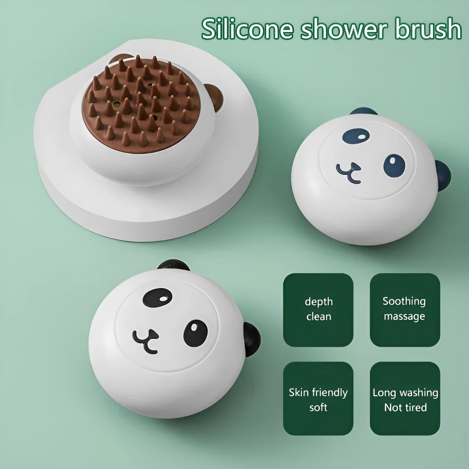 Panda-shaped silicone pet shower brush with soft bristles for cats and dogs.
