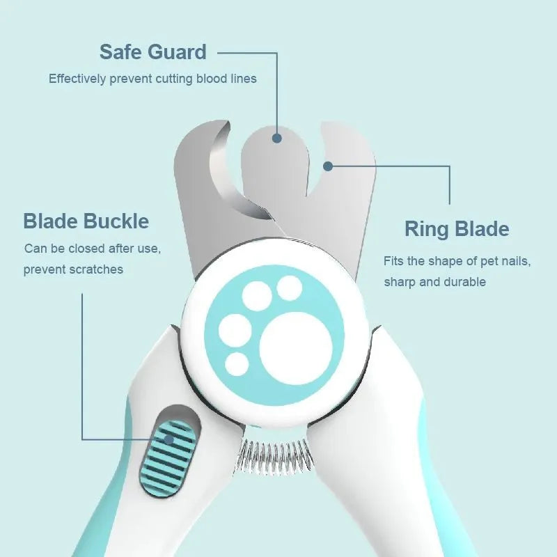 Blue and white pet nail clippers with stainless steel blade and safety lock