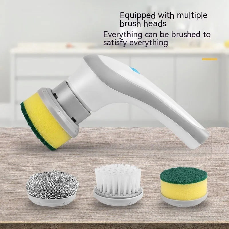 Cordless electric spin scrubber cleaning tool with four brush heads on storage bracket