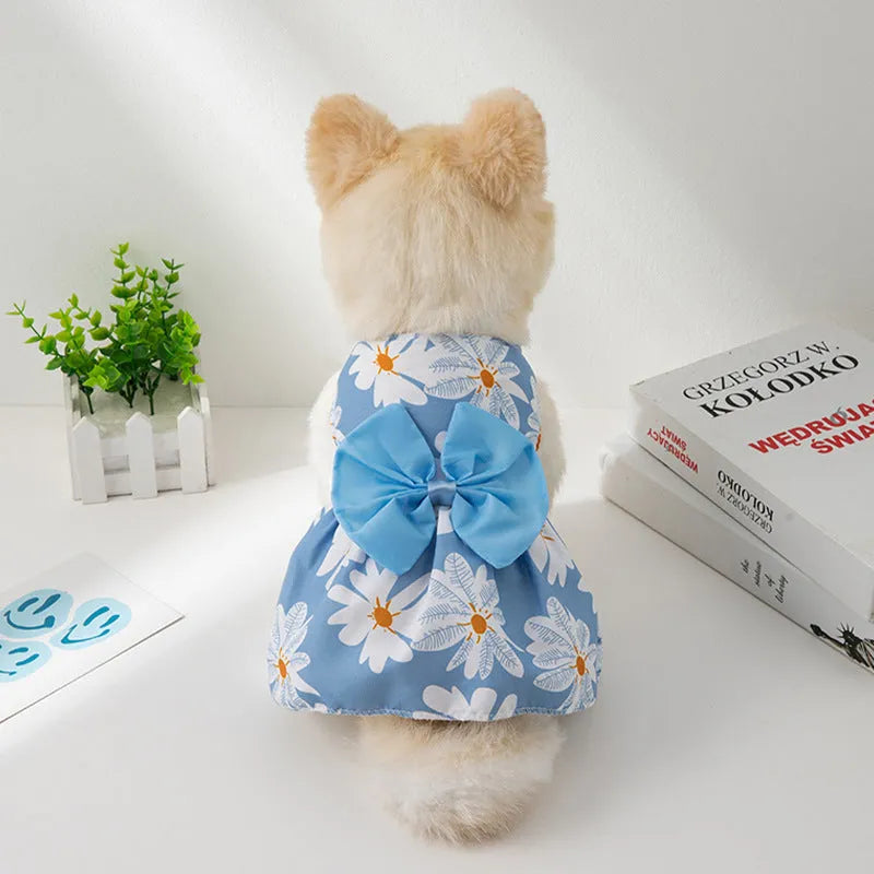 Ultra-thin polyester pet dress with floral butterfly knot in blue bow colour, size L for dogs or cats