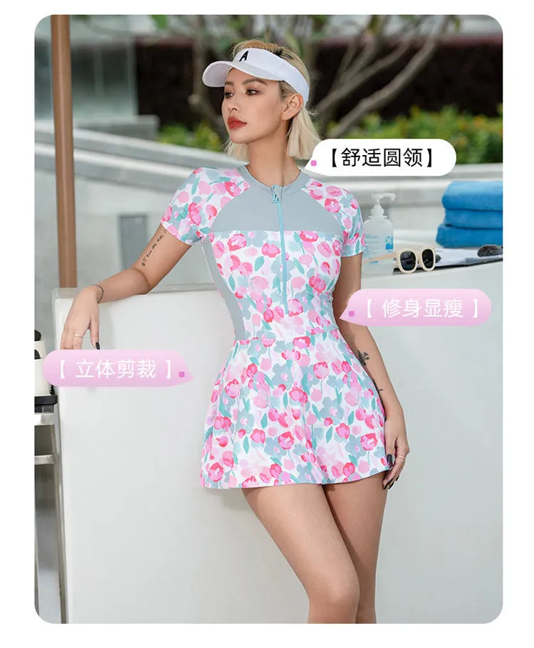 Printed plus size one-piece swimsuit for hot spring use in polyester fabric