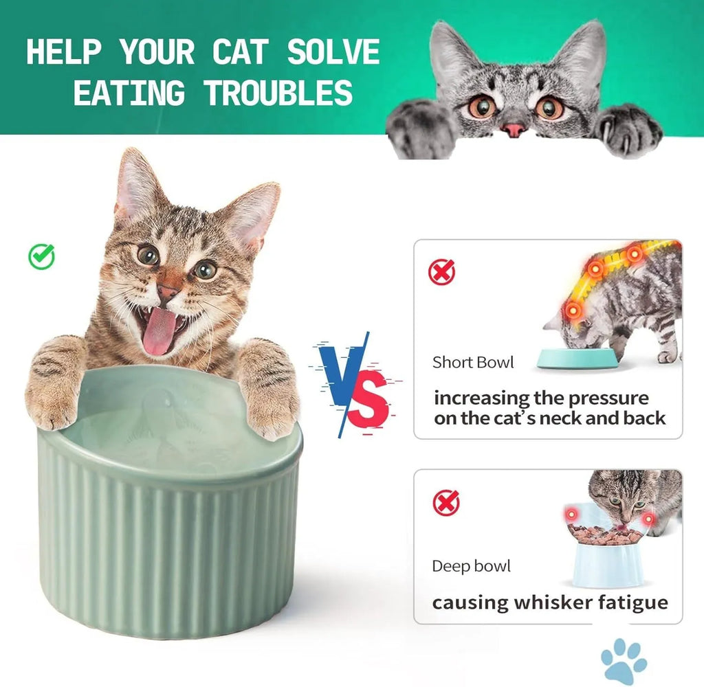 Ceramic elevated cat bowl in dark green, light green, or yellow with 11cm or 14cm height for reduced acid reflux
