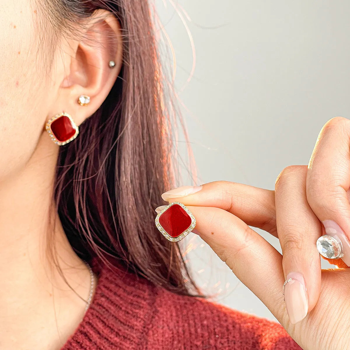 Retro red geometric square plate earrings with alloy construction and inlaid design