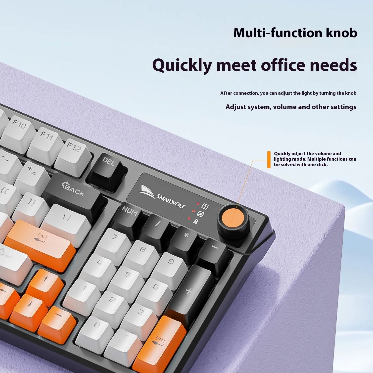 SK15 wired mechanical keyboard with control knob in Autumn Water Blue colour on UK desk setup