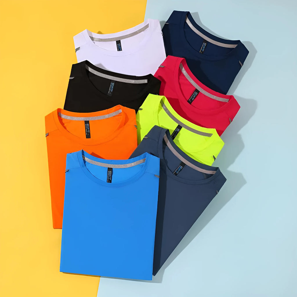Men's round neck ice silk sports T-shirt in multiple colours showing quick-drying fabric for athletic use