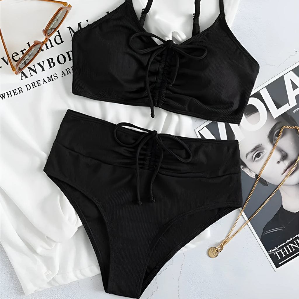 Black women's high waist bikini swimsuit with sling split design showing front view