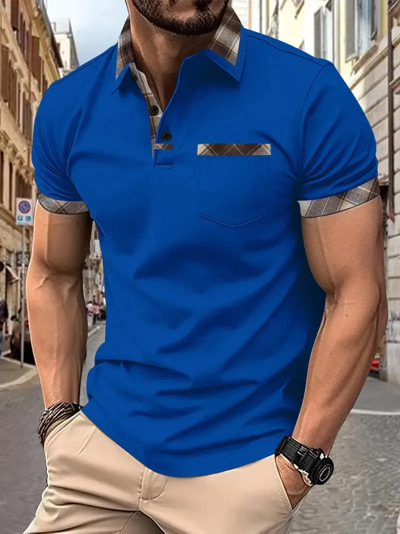 Men's short sleeve plaid colourblock T-shirt with zipper decorations in multiple colour options