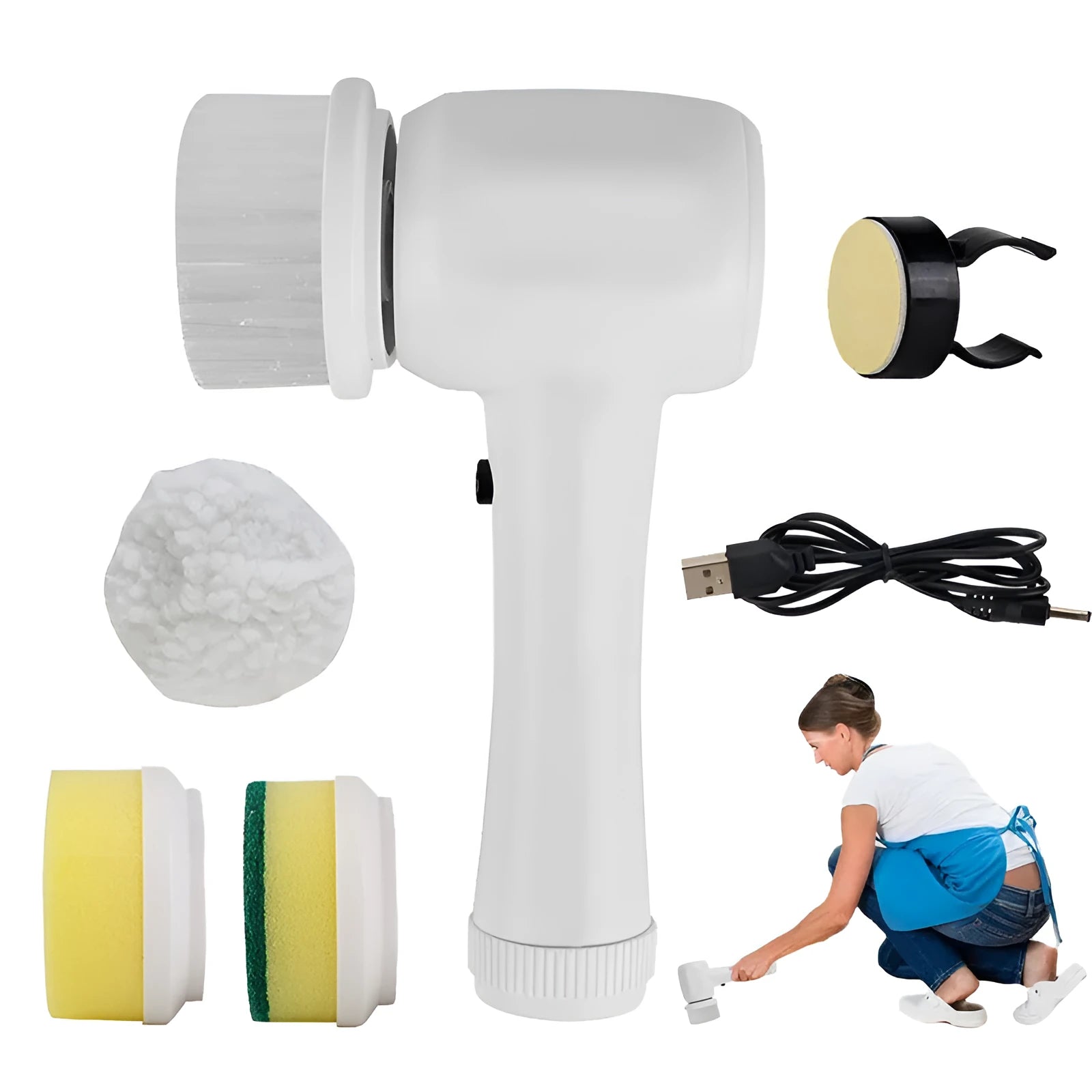 Cordless electric spin scrubber cleaning tool with four brush heads on storage bracket
