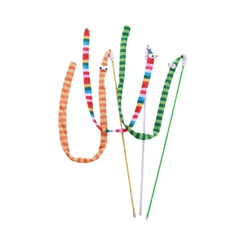 Cat wand toy with polycarbonate pole and plush strip in green, orange or rainbow colours for interactive feline play