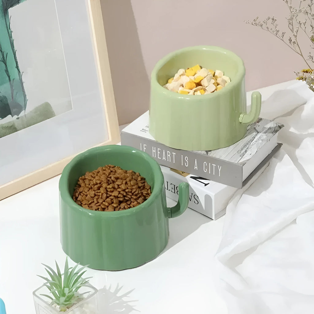 Solid colour ceramic cat bowl with cactus design, showing anti-slip base and large mouth opening.
