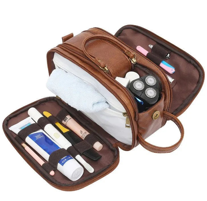 Men's black or brown PU toiletry bag for travel storage with solid colour design