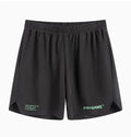 Men's midnight blue training fitness shorts with moisture-wicking fabric on a gym background.