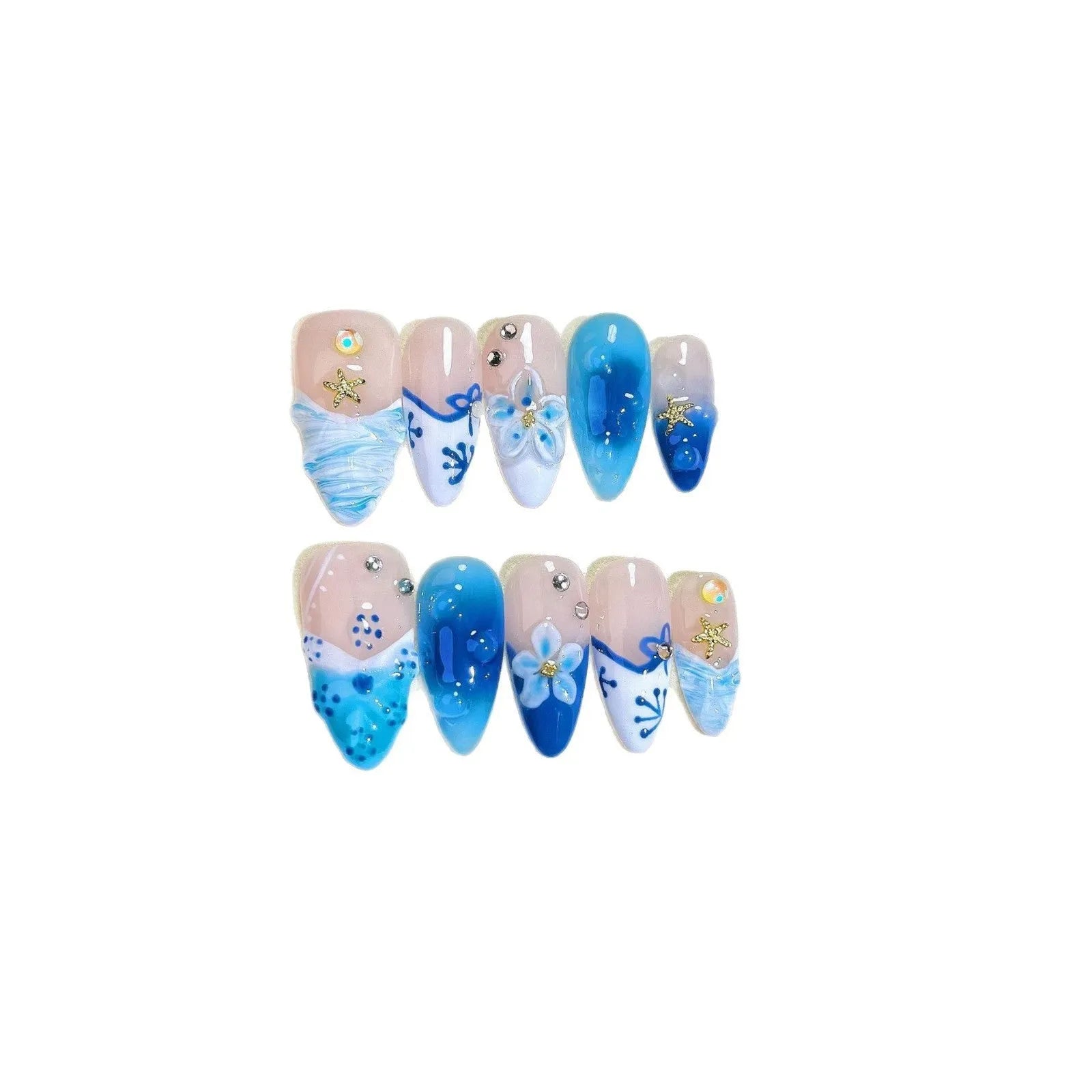 Blue hand-painted carved fake nails with summer ice patterns, transparent sections showing natural nails, four size options displayed