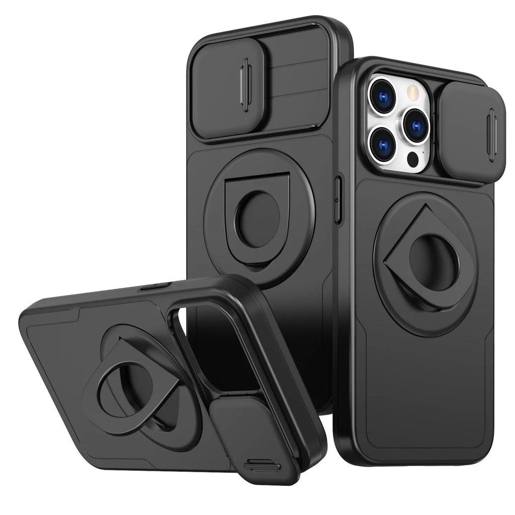 Sliding window magnetic ring phone case with rotating bracket for Apple iPhone in black, blue, red and purple