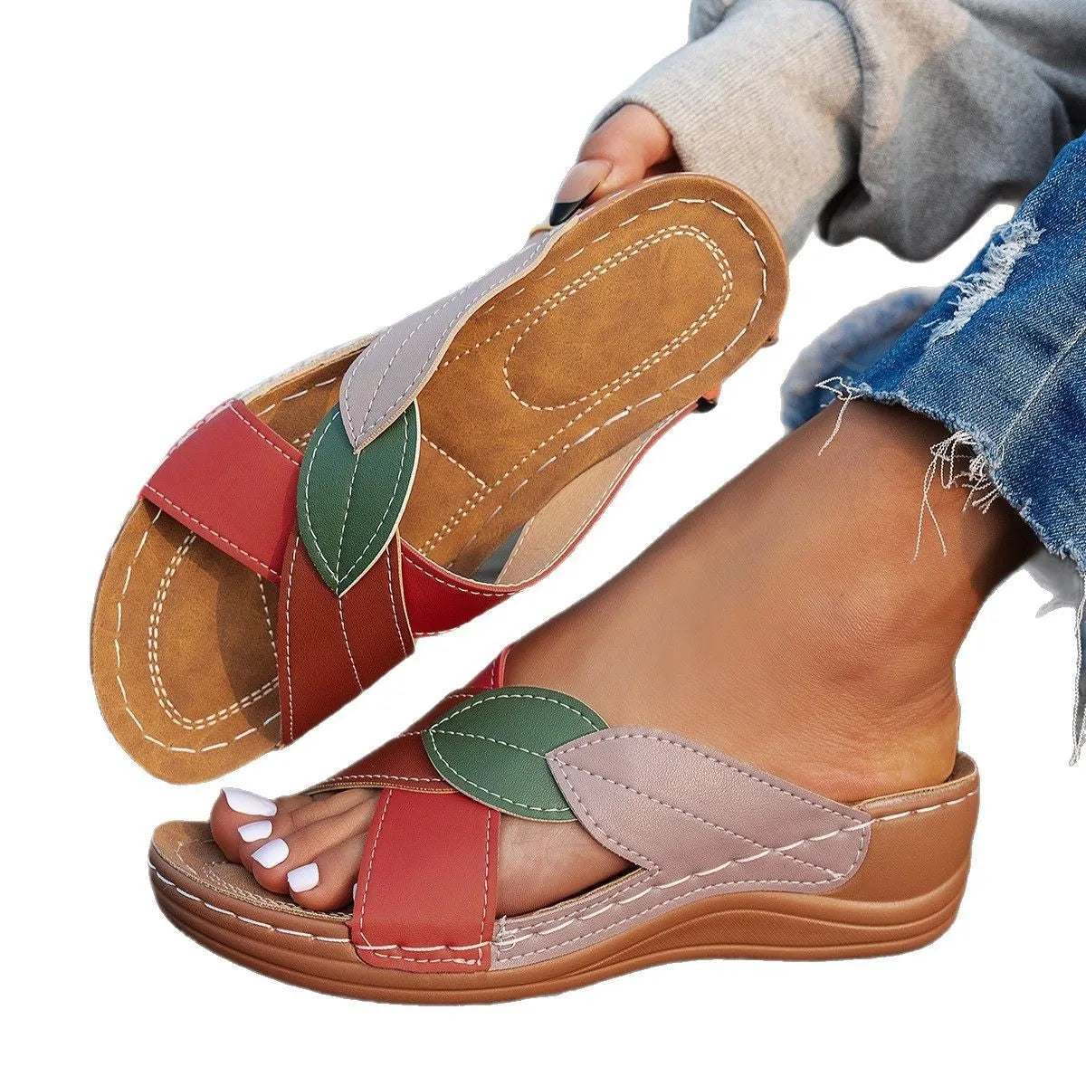 Women's casual slippers with thick soles, cross-strap design, and peep-toe in black, red, and white colours
